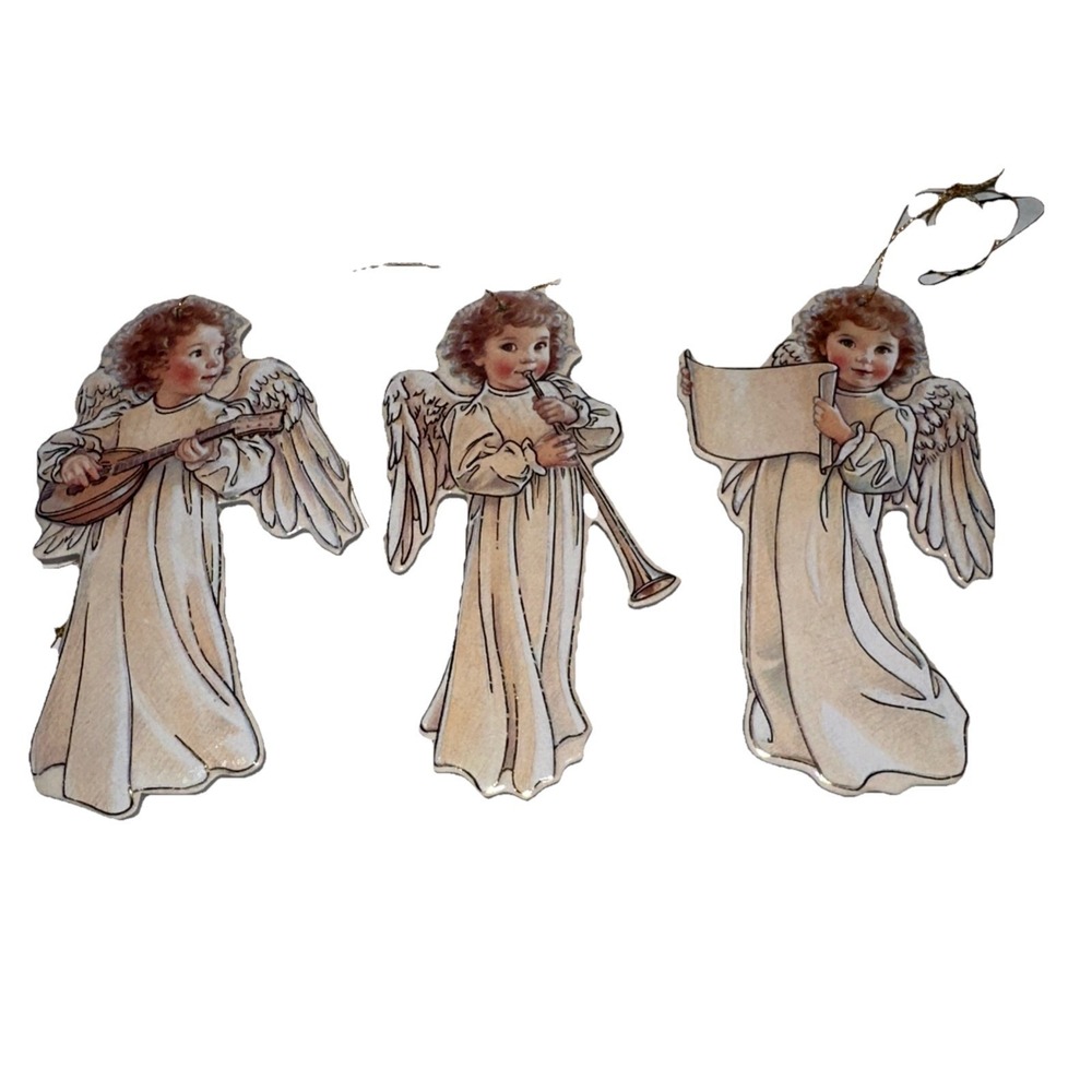 Qty 3 Angel Ornaments B. Shackman & Co. Victorian Cherubs Die Cut Christmas 1989